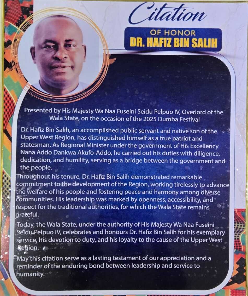 Wala State Honours Dr. Hafiz Bin Salih With a Citation